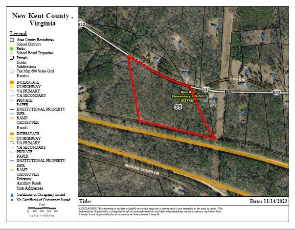 Aerial view of land in New Kent County, Virginia outlined in red. Roads and buildings are also visible.