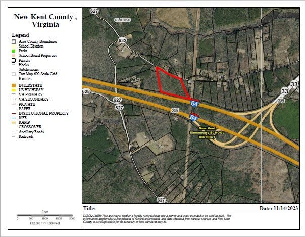 Map of New Kent County, Virginia, showing land parcels, roads, and a highlighted red area, with text labels.