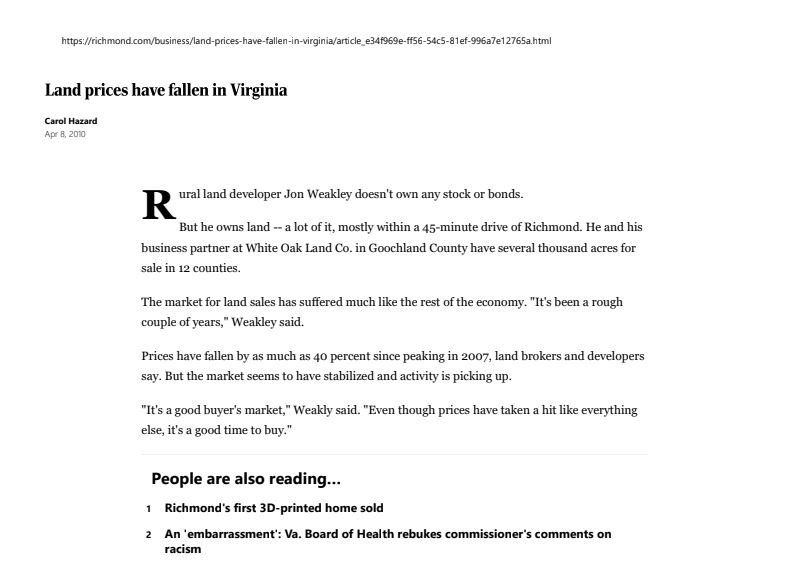 Article about land prices falling in Virginia. Text with a headline and news snippets.