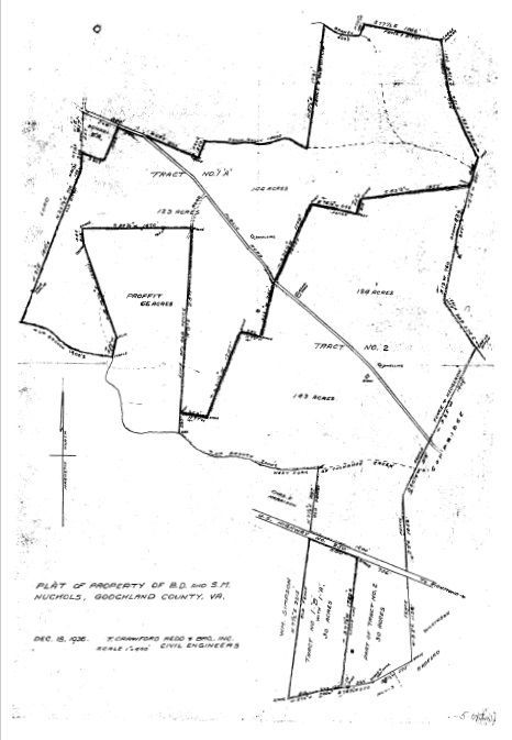 Hand-drawn map of a property in Rutherford County, NC, showing plots of land and a road.