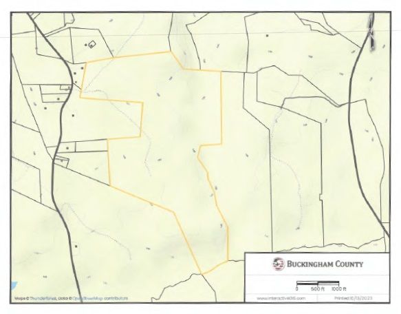 Map of Buckingham County, Virginia, showing land parcels with yellow borders and roads.