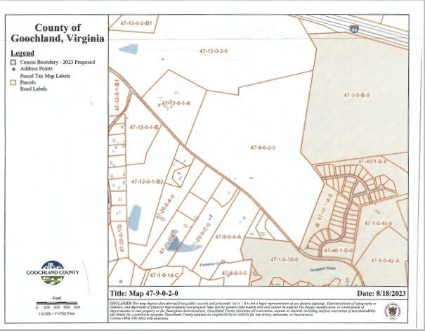 Map of Goochland County, Virginia, with property boundaries, parcel numbers, and address labels.