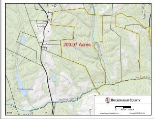 Map of Buckingham County land showing 203.07 acres and Walton Fork river.