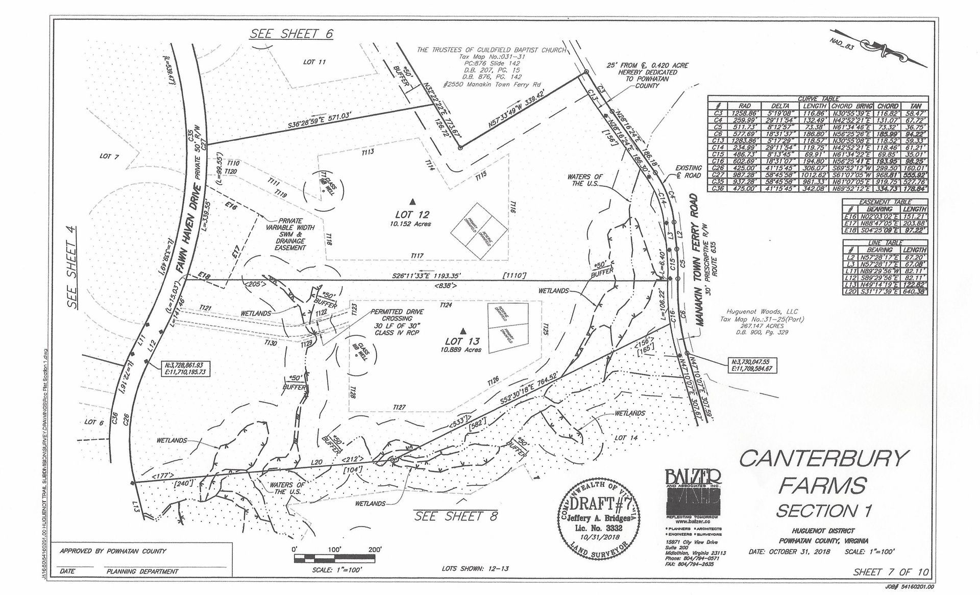 Land survey plan for Canterbury Farms, Section 1. Shows property lines, roads, and buildings in a rural area.
