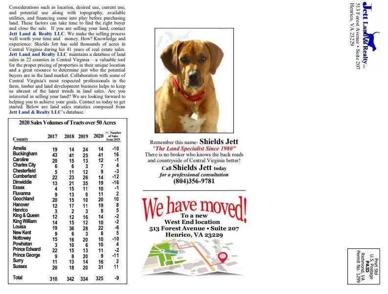 A business postcard with a dog photo, address, and a table of sales volume by city.
