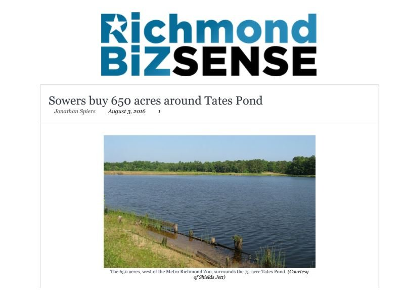 Richmond BizSense article, landscape view of Tates Pond, text: 