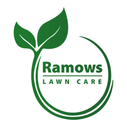 A logo for ramows lawn care with two green leaves in a circle.