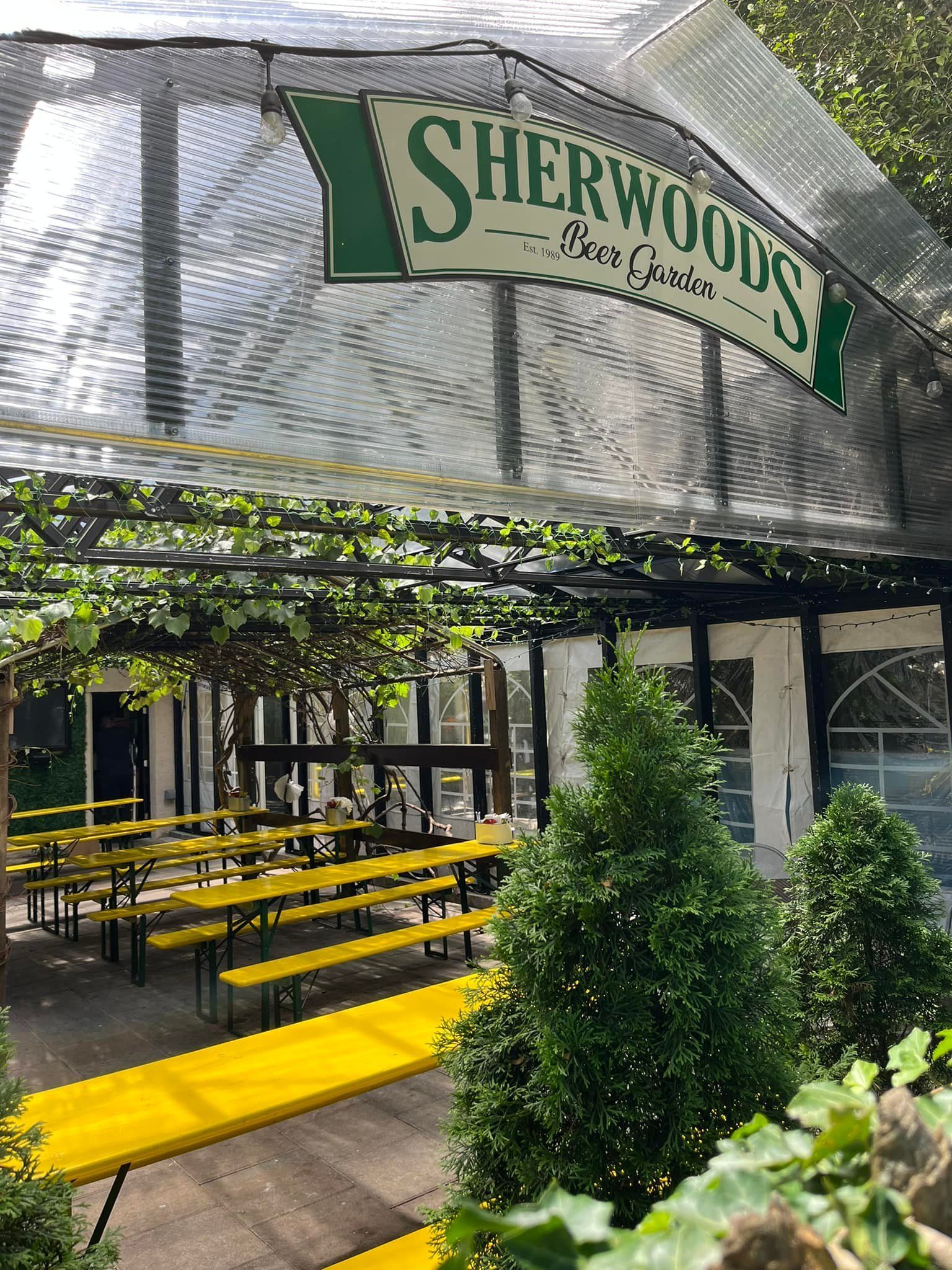 entrance sign to Sherwood's Beer Garden