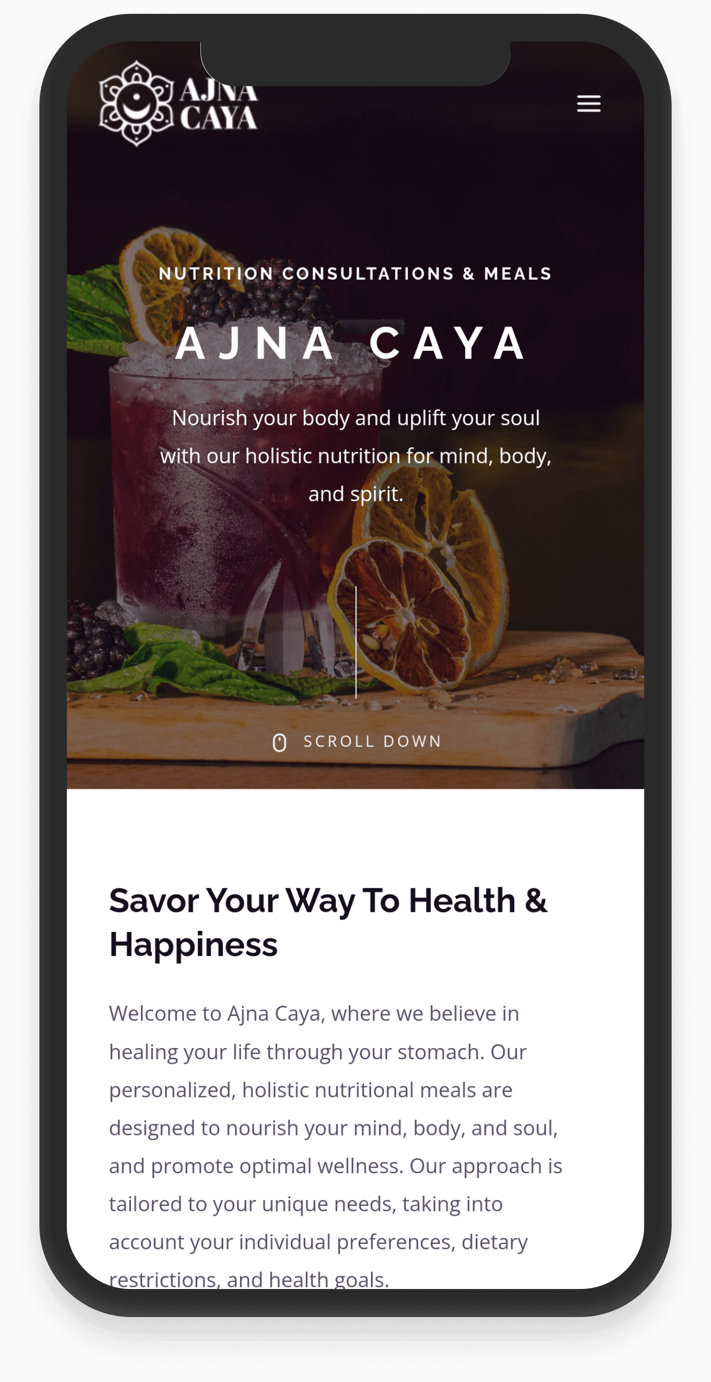 Mobile view of Ajna Caya's website homepage