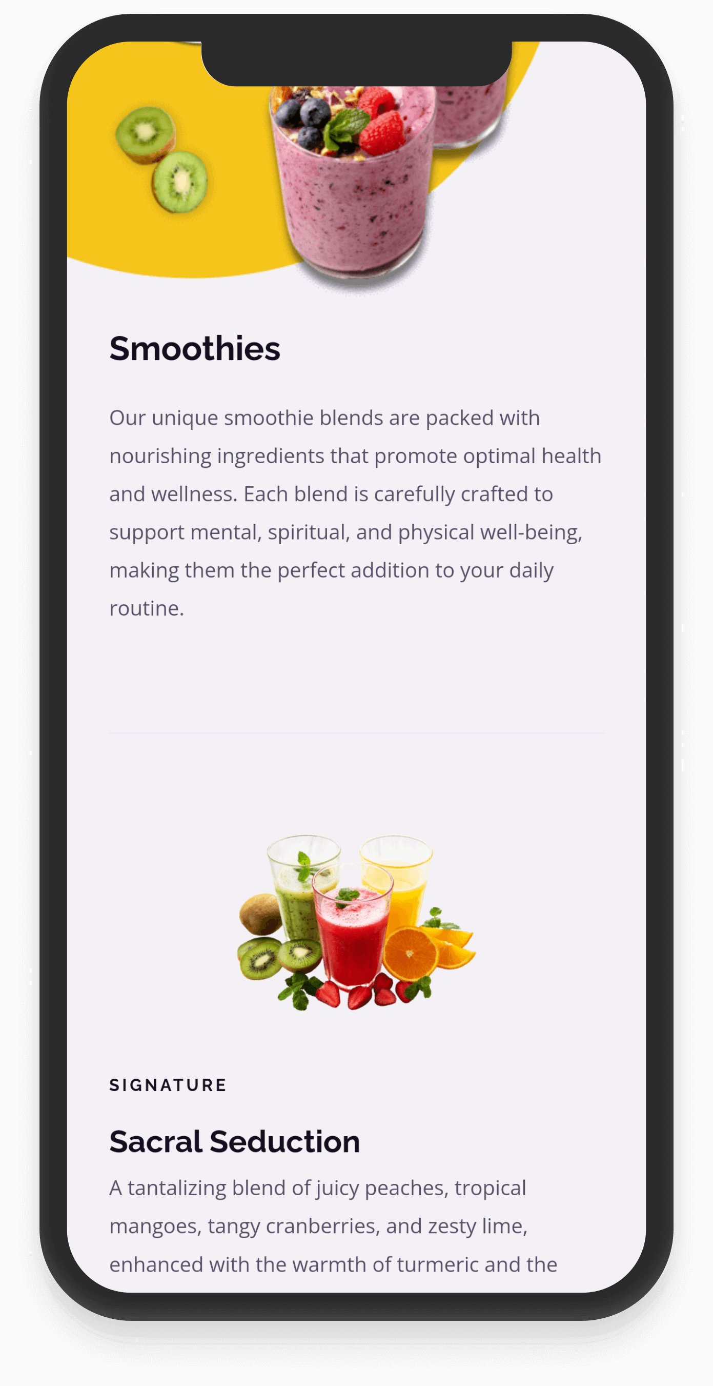 Mobile view of ajnacaya.com smoothie menu web page
