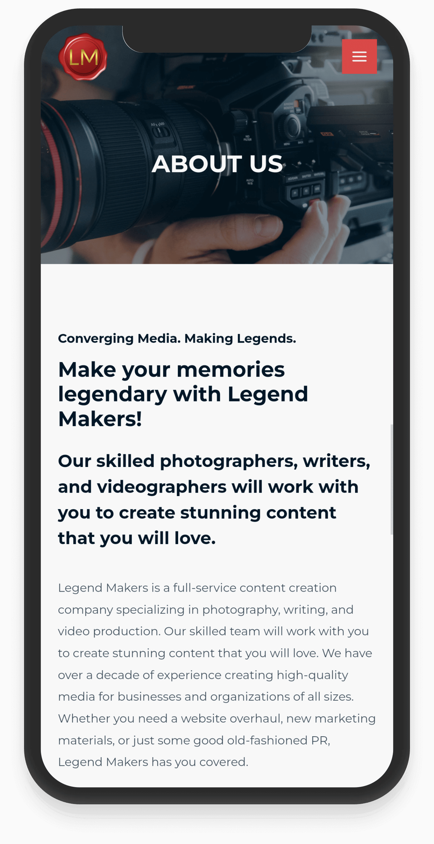 Mobile view of legendmakers.net about us web page