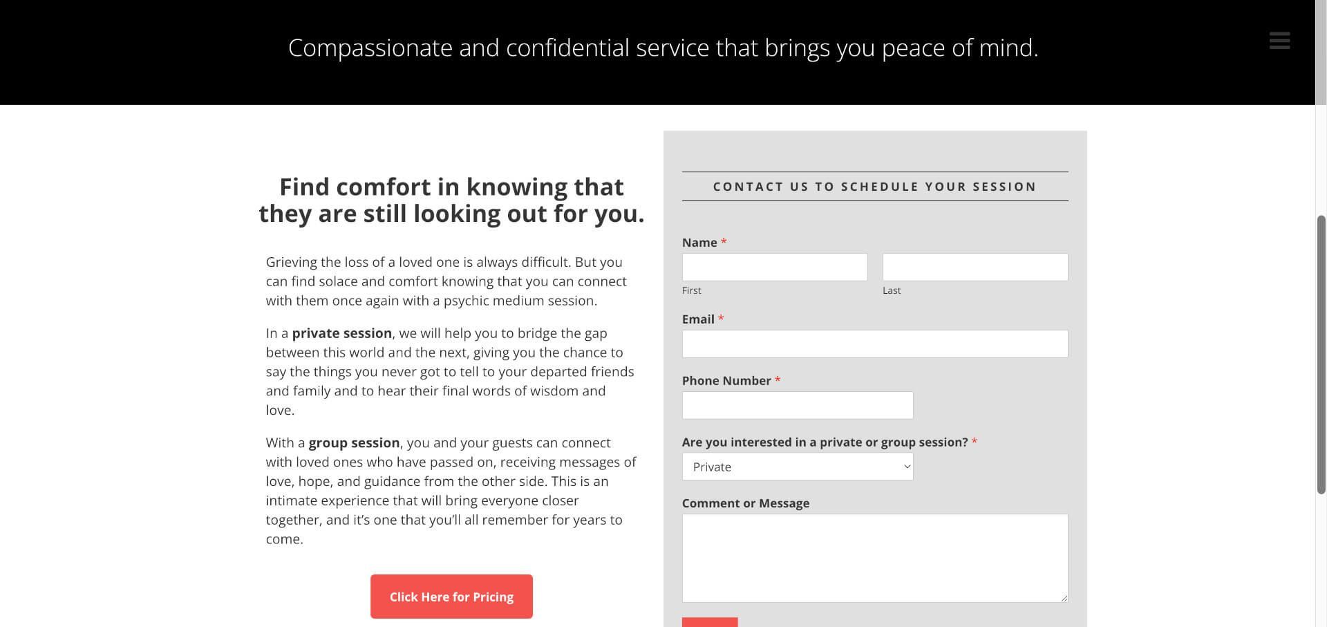 Screenshot of spiritart.com psychic reading booking web page