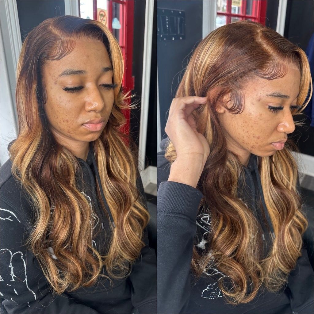 A split-view shot of a person with wavy, highlighted brown hair styled with defined edges in an indoor salon setting.