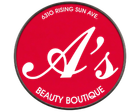 A circular red logo for A's Beauty Boutique, located at 6310 Rising Sun Ave., featuring stylized white text.