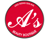 A circular red logo for A's Beauty Boutique, located at 6310 Rising Sun Ave., featuring stylized white text.