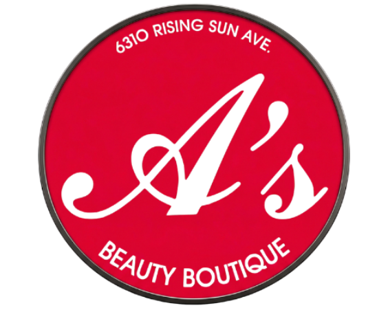 A circular red logo for A's Beauty Boutique, located at 6310 Rising Sun Ave., featuring stylized white text.