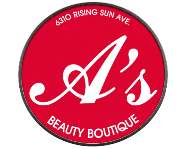 Logo for A's Beauty Boutique at 6310 Rising Sun Ave, featuring white cursive text on a round, red background.