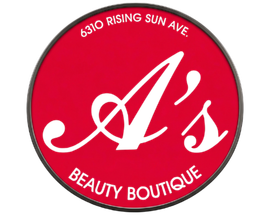 Logo for A's Beauty Boutique at 6310 Rising Sun Ave, featuring white cursive text on a round, red background.