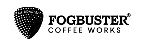 Logo for Fogbuster Coffee Works: black and white, featuring a teardrop shape with dots and the company name.