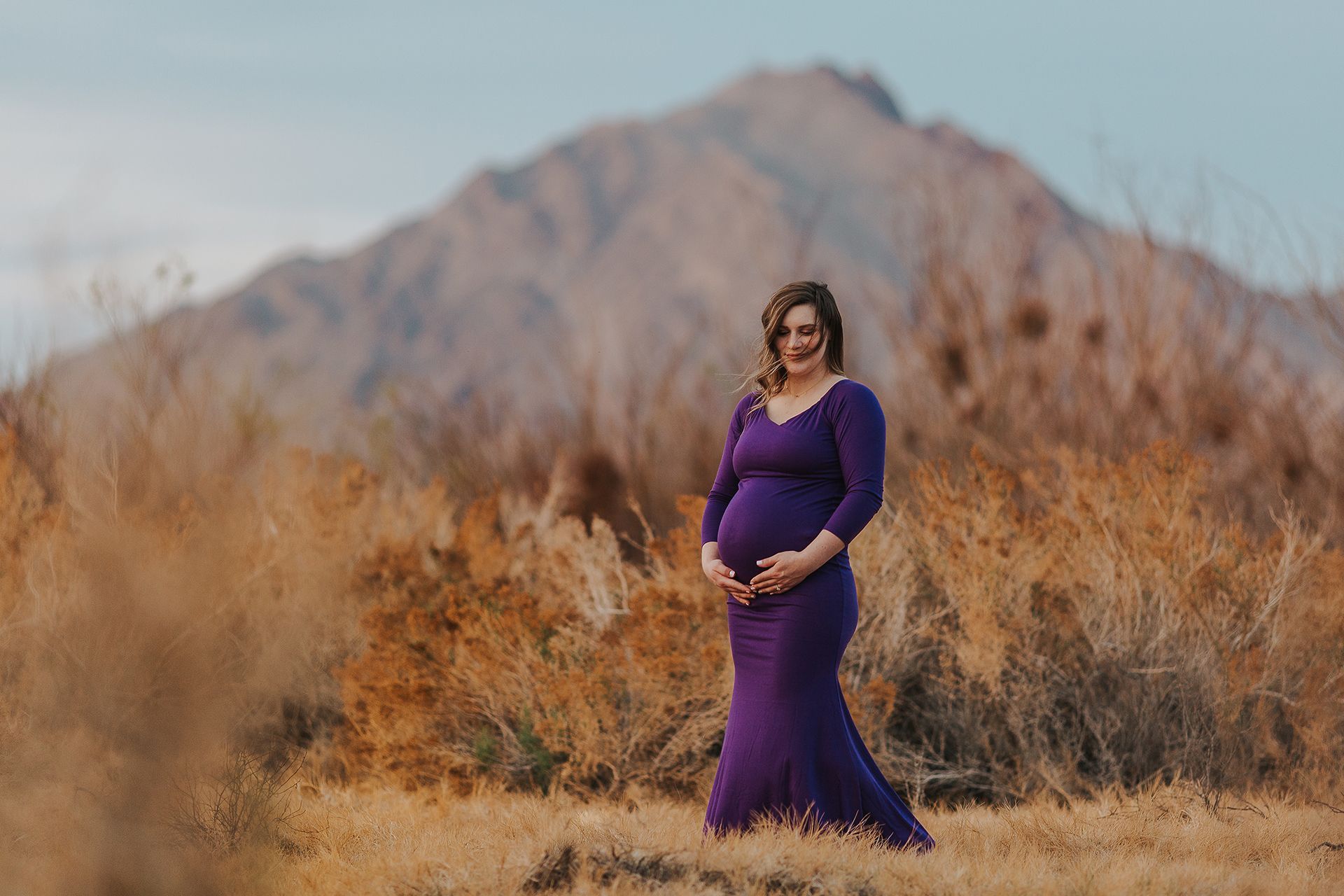 A pregnant woman in a purple dress is standing in a field with a mountain in the background.