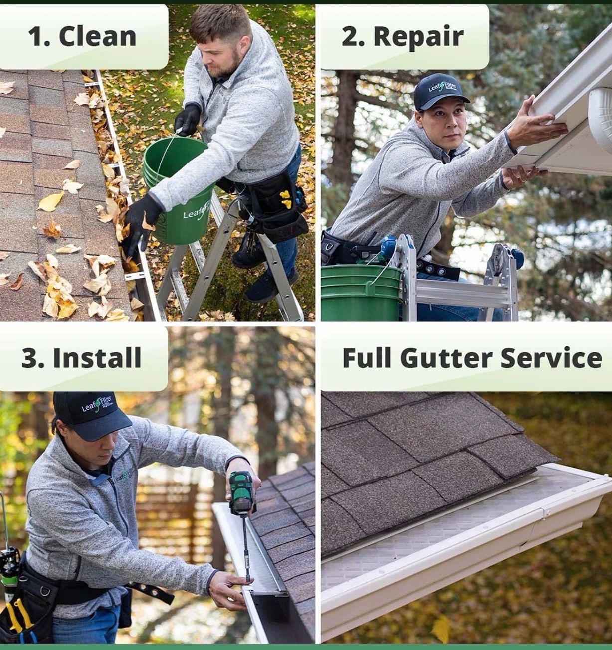 Gutter service steps: cleaning debris, repairing, installing, and a finished view.