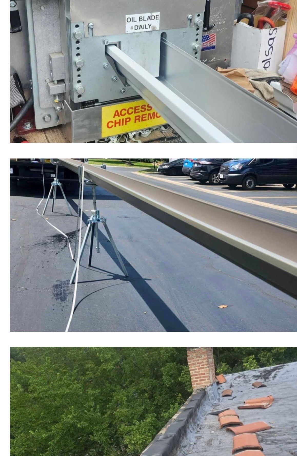 Three images: Metal chute for debris removal in different settings, including a workshop and a rooftop.