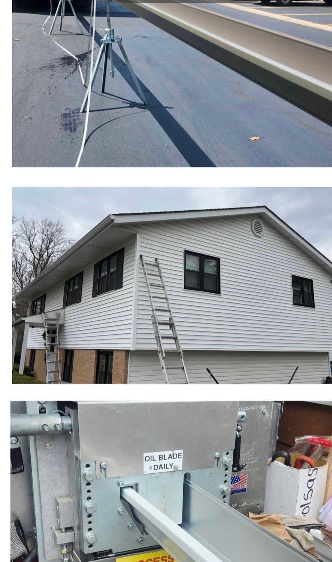 Top: Asphalt with equipment. Middle: House exterior, ladder propped. Bottom: Close-up of metal construction.