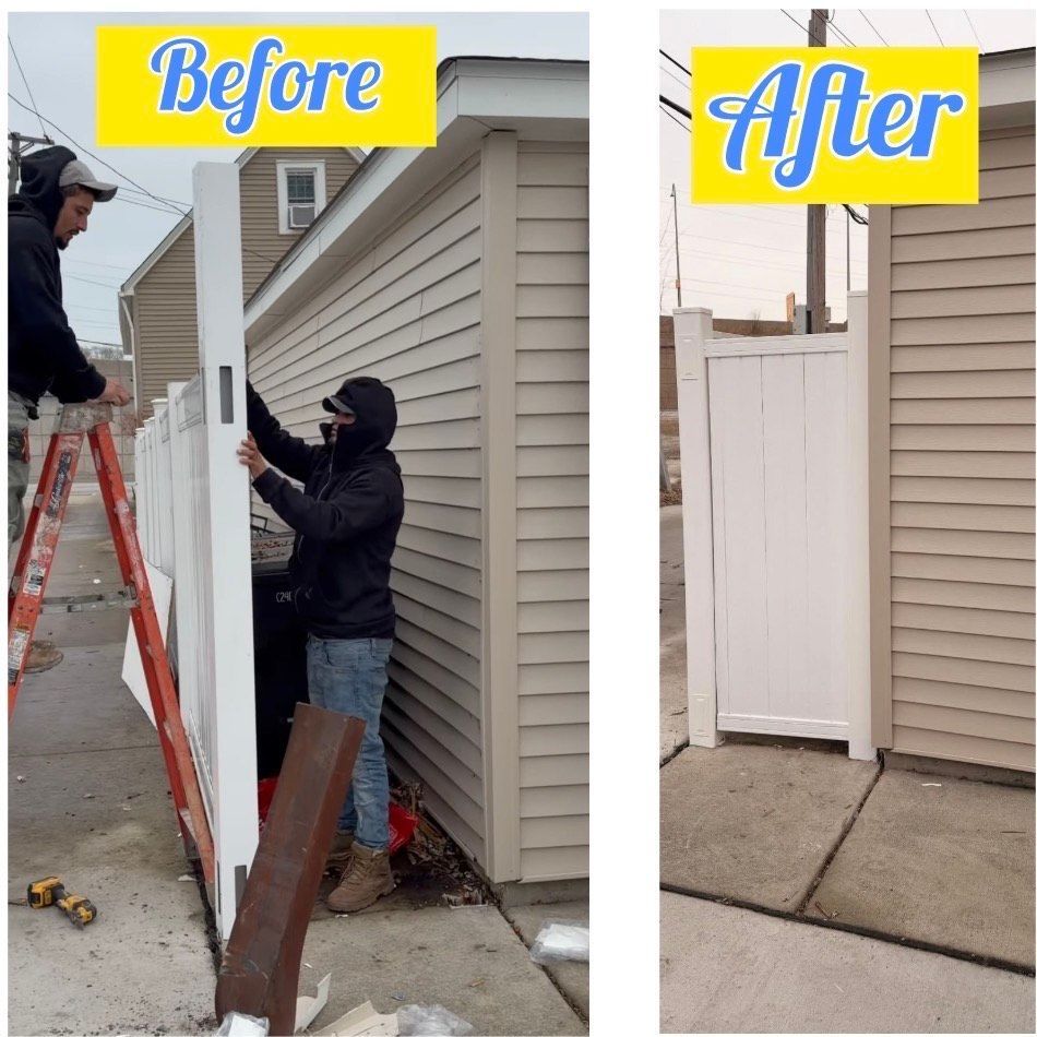Before and after photos: Two people installing a white fence gate. The finished gate is shown next to a beige building.