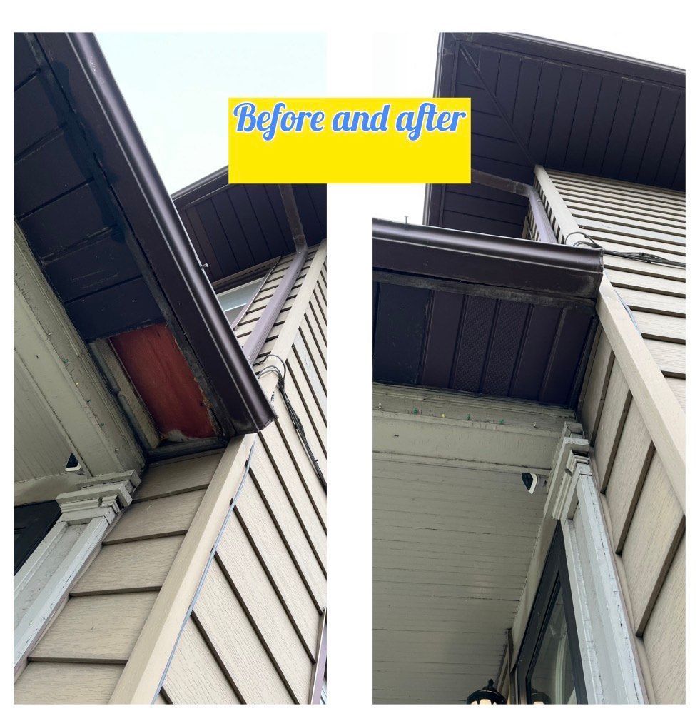 Comparison of a building's before and after gutter repair; showing weathered wood replaced with new material.