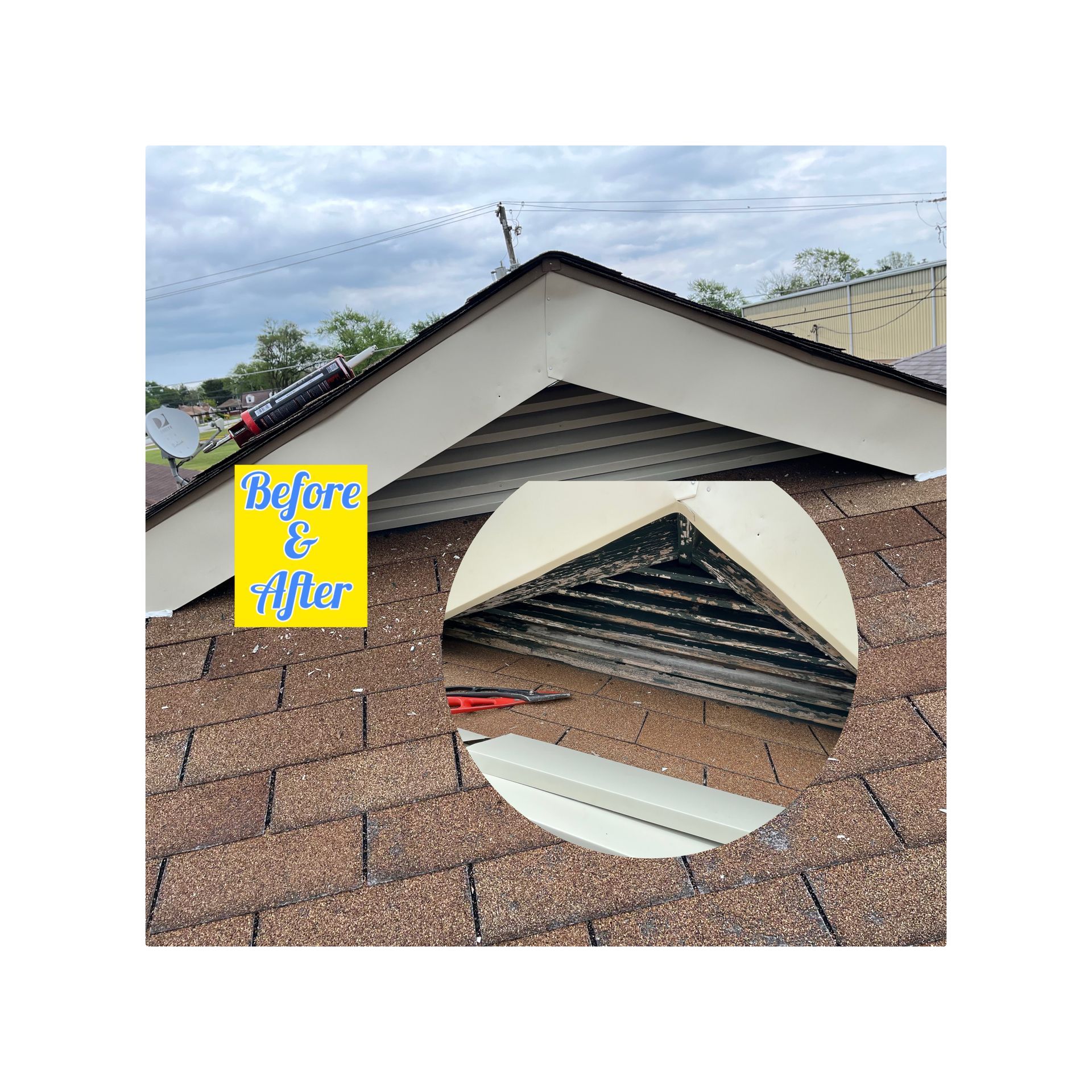 Before and after view of a roof vent, showing a clean vent after maintenance.