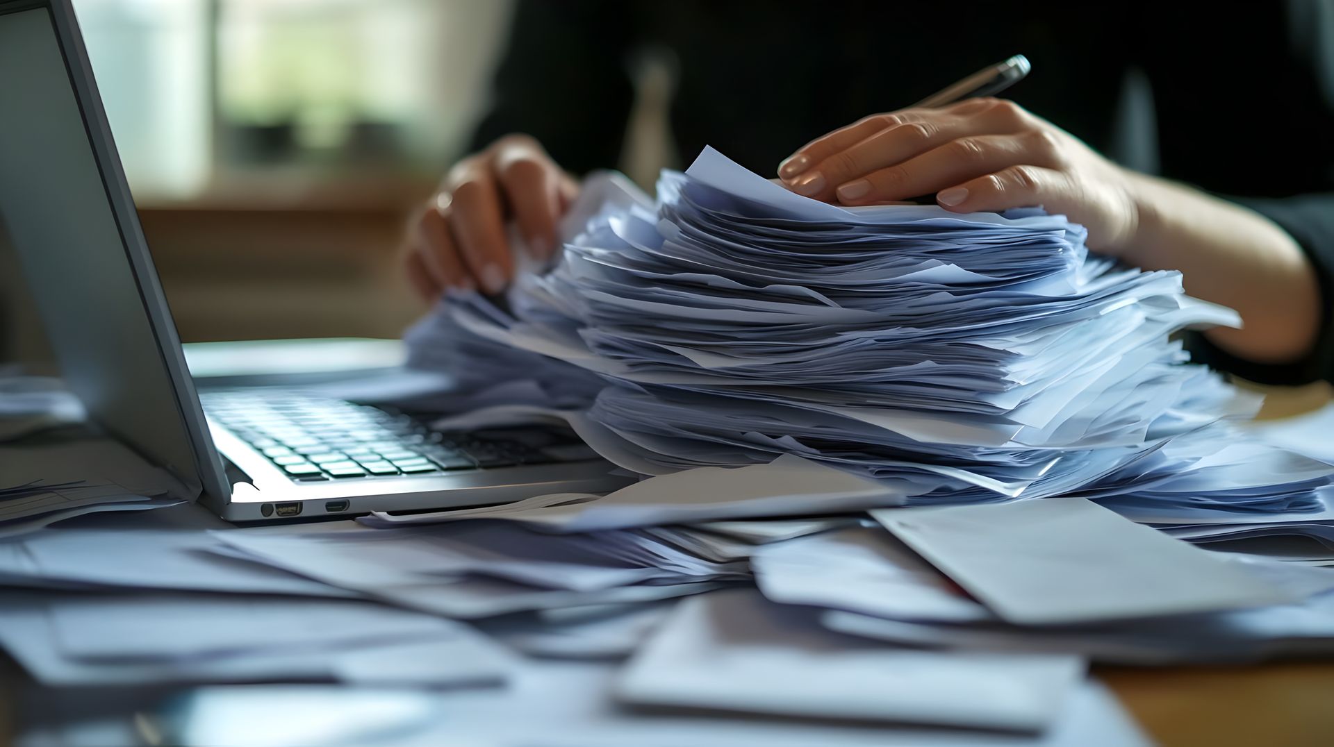 A person is sitting at a desk with a stack of papers and a laptop.