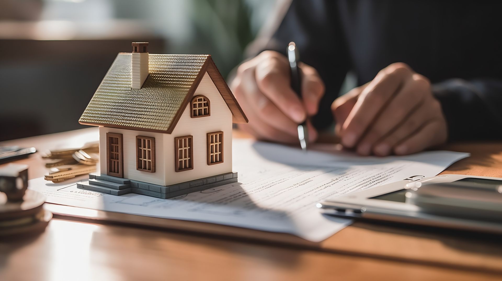 A person is writing on a piece of paper with a model house in the background.