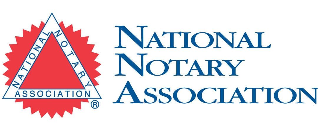Logo of the National Notary Association featuring a red triangle with white text, next to the company name in blue.