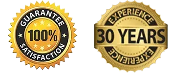 A guarantee satisfaction and experience 30 years badge on a white background