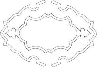 Un contorno decorativo e simmetrico di una cornice con bordi smerlati e dettagli ritagliati, raffigurato con linee nere su sfondo bianco.