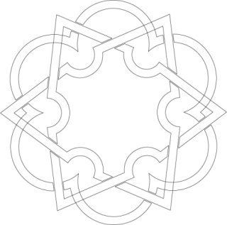 Un disegno simmetrico e geometrico caratterizzato da un motivo a stelle intrecciate incorniciato da forme arcuate ripetute.