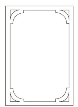 Una cornice rettangolare verticale con angoli arrotondati e accenti decorativi agli angoli.