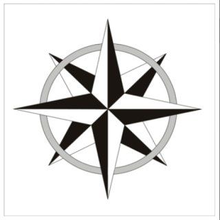 Una rosa dei venti a otto punte bianca e nera all'interno di un sottile cerchio grigio su sfondo bianco.