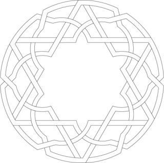 Un motivo a nodi geometrici circolari, in bianco e nero, caratterizzato da un disegno a stella a sei punte intrecciate.