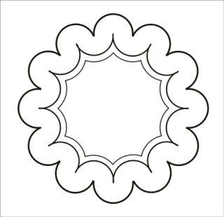 Un'immagine grafica in bianco e nero raffigurante un bordo decorativo a forma di fiore con bordi smerlati e una forma interna a forma di stella.