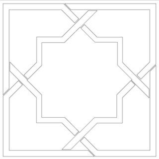 Un motivo geometrico costituito da una stella a otto punte intrecciata con una cornice quadrata, realizzata con sottili linee grigie.