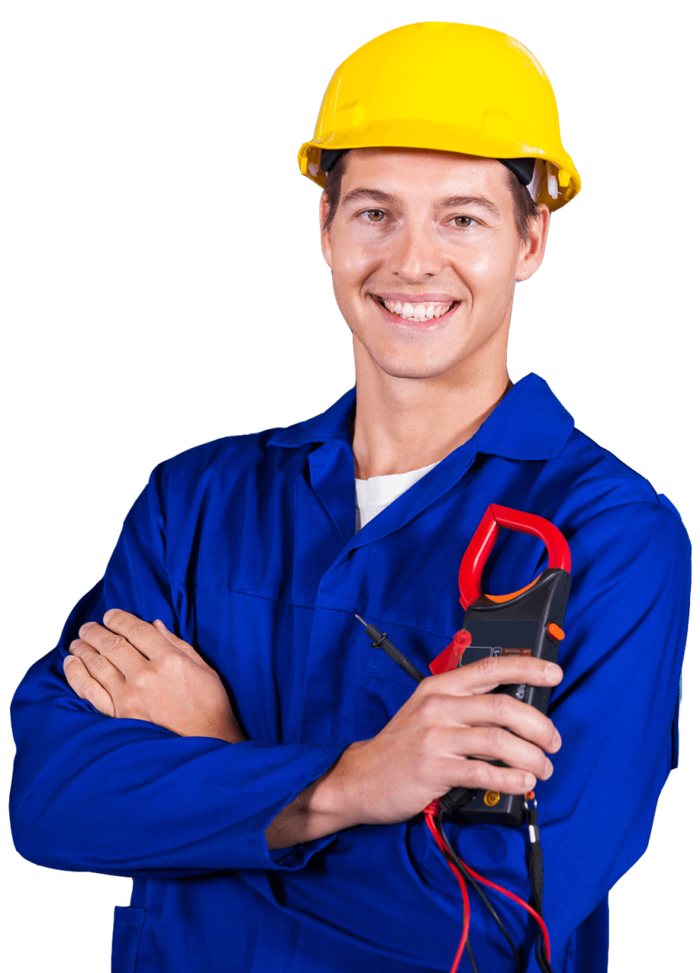 A man wearing a hard hat is holding a clamp meter