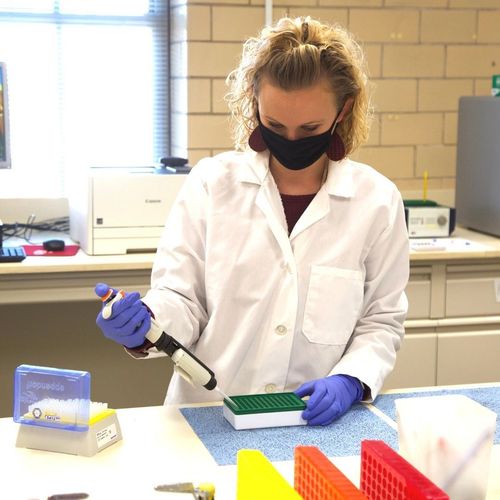 Jenny at work in her office's lab.