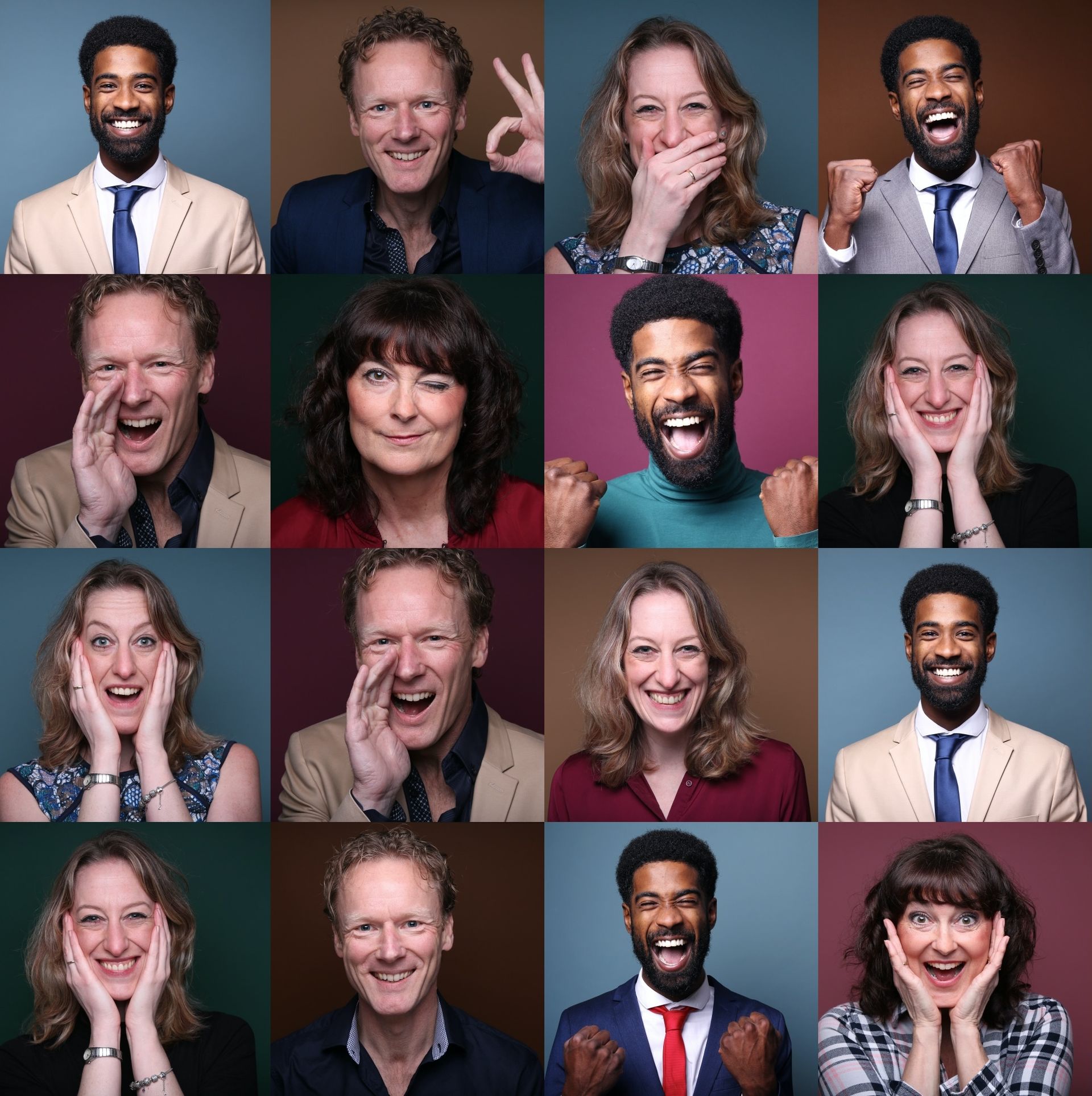 A collage of people 's faces on a wall