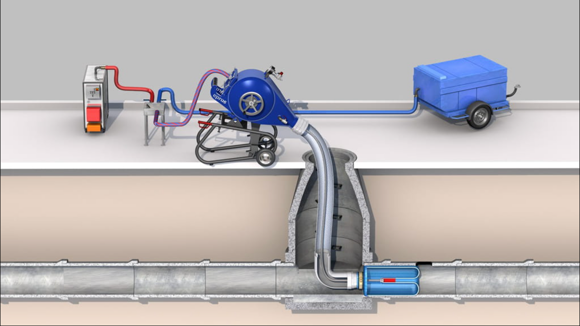 Illustration of a pipe rehabilitation system; machinery pumping material into a sewer pipe.