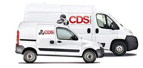 Two white vans are parked next to each other on a white background with CDS Ltd logo on them.