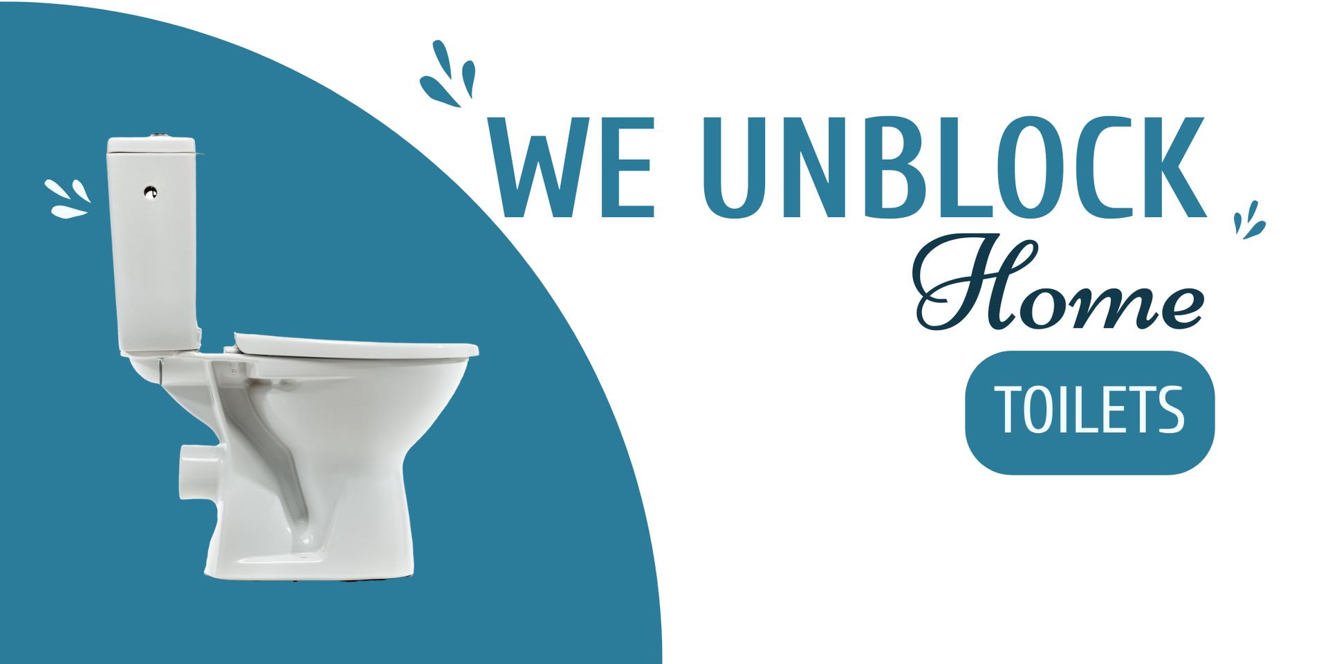 Toilet in front of a teal background with text