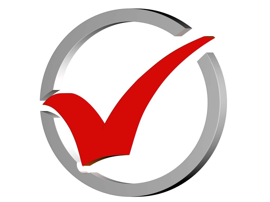 A red tick in a grey circle on a white background