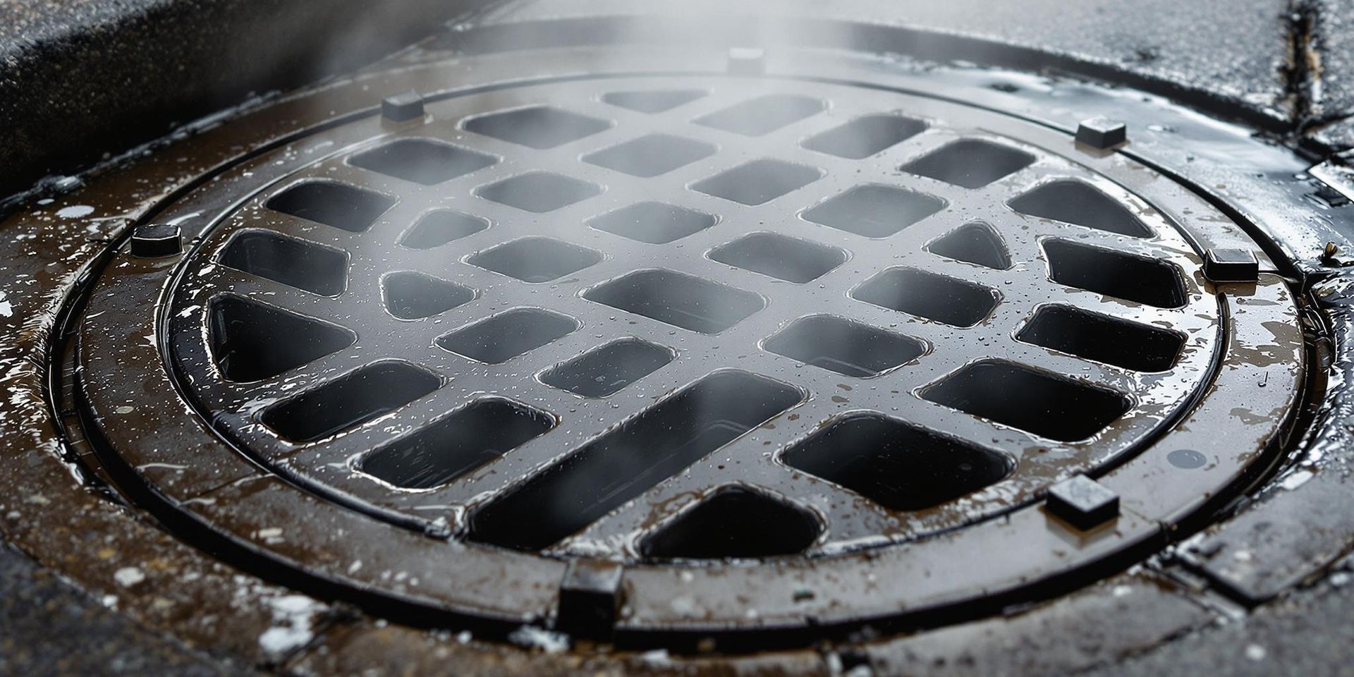 A manhole cover with steam coming out of it.