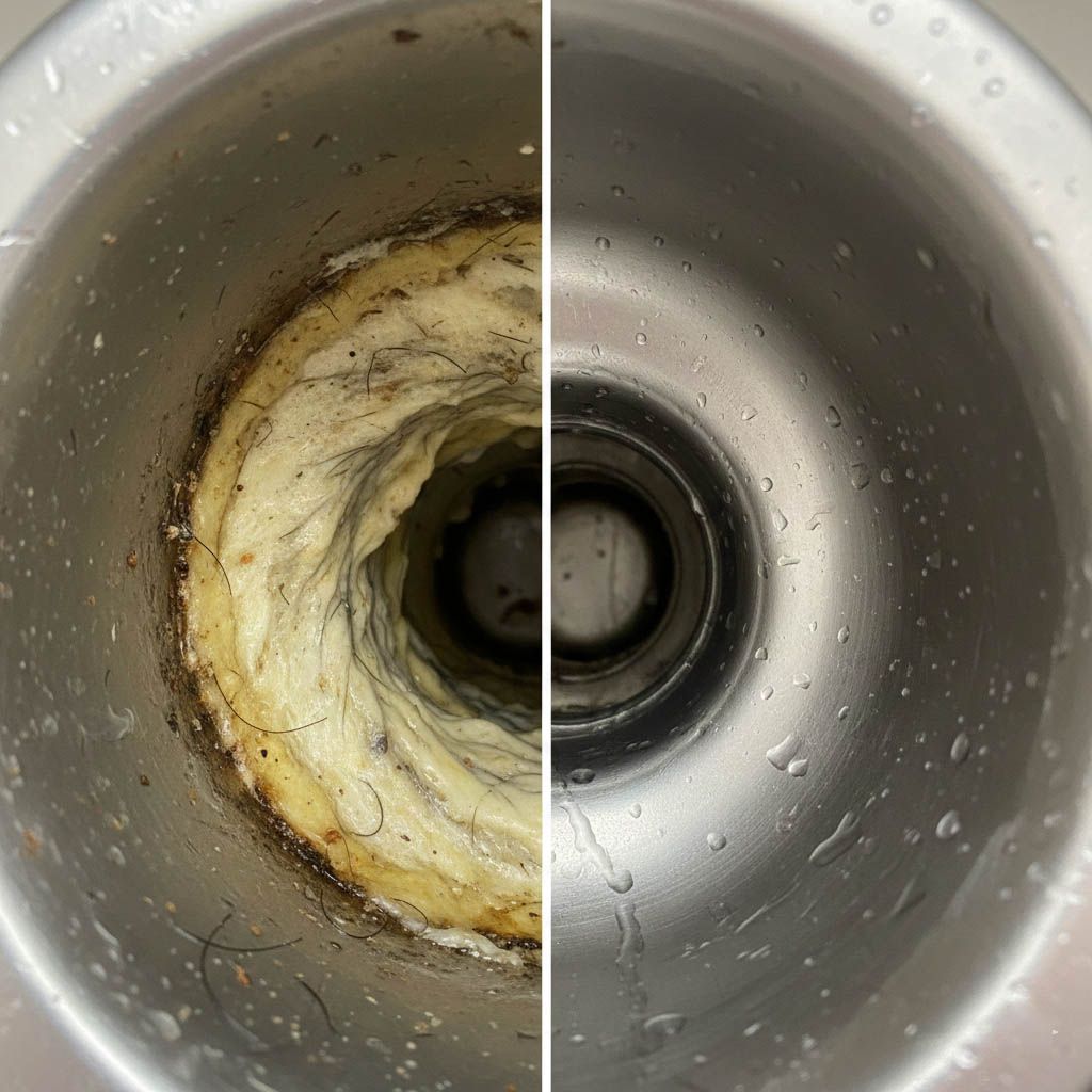 Split sink drain: left side clogged with grime, right side clean and shiny.